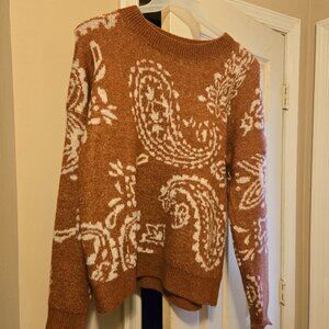 Very J M orange & creme sweater with paisley pattern, fits a little oversized